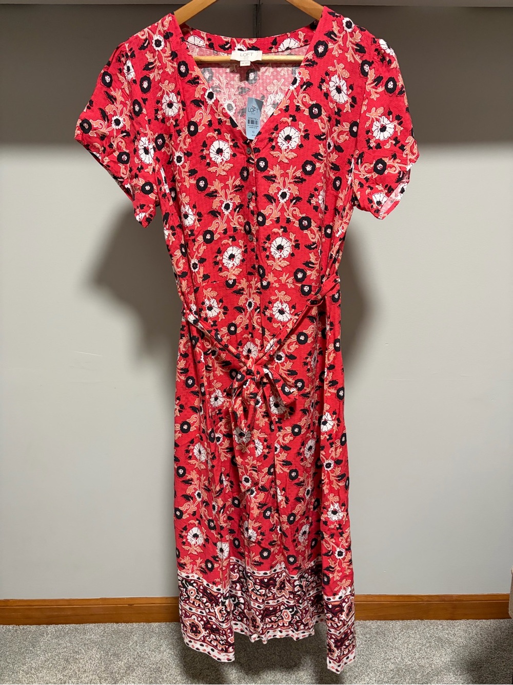 LOFT Petite Red Floral Lightweight Midi Dress 10P NWT Button Front Feminine